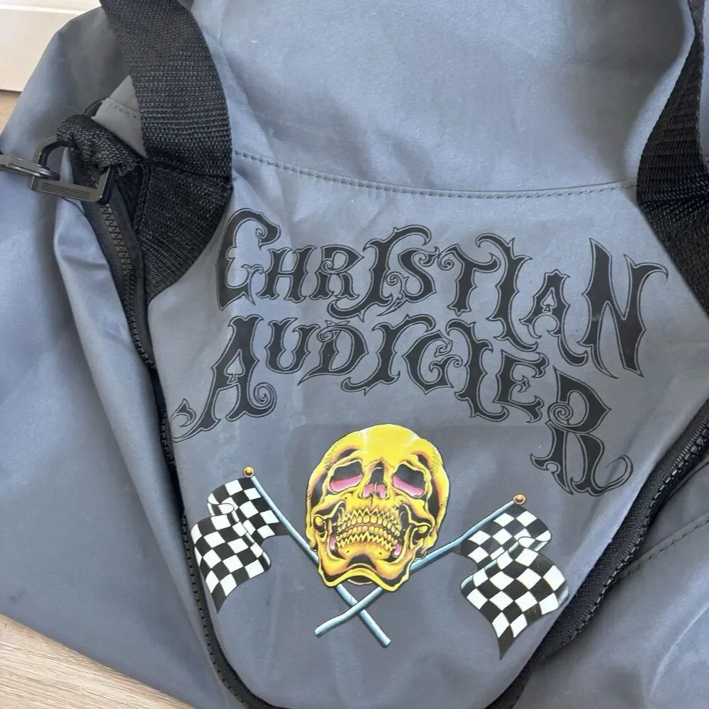 CHRISTIAN AUDIGIER / Ed Hardy Gray Duffle Bag Skull Racing Checkered Flag NWT